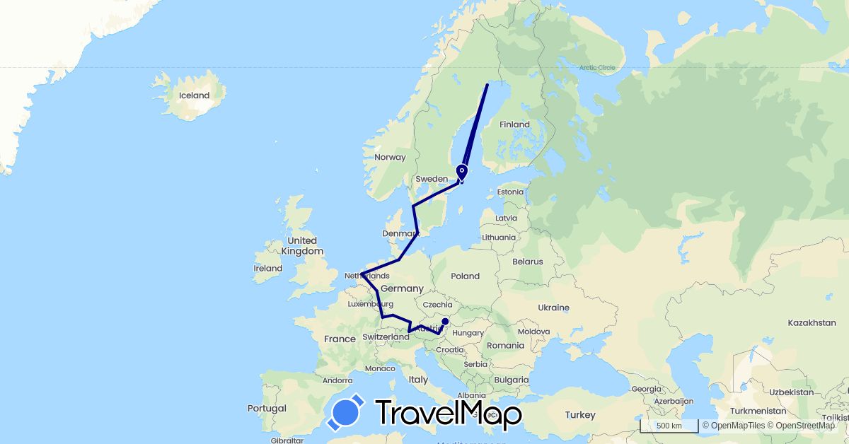 TravelMap itinerary: driving in Austria, Germany, Denmark, France, Netherlands, Sweden (Europe)